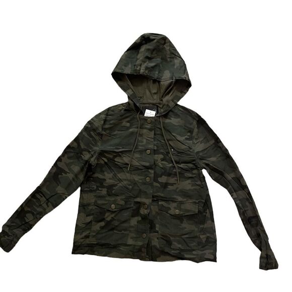 Sanctuary Green Camo Print Hooded Snap Front Utility Jacket size XXS - Picture 2 of 9